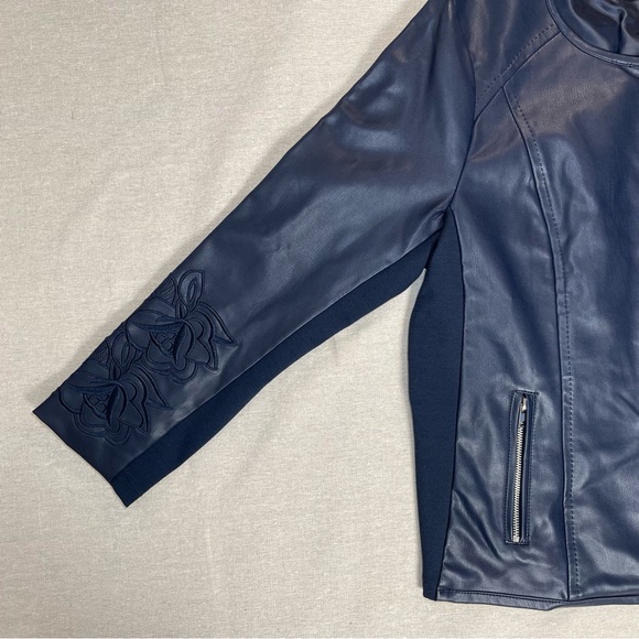 Christopher & Banks | Navy Zip-Up Faux Leather Floral Embroidered Jacket | PXL - Picture 7 of 13